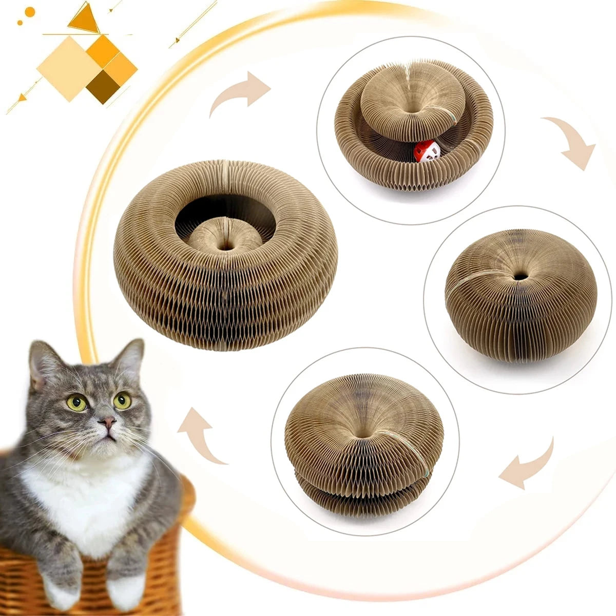 Griffoir Chat Pliable en Carton Ondulé – Jouet Interactif avec Balle – Modulable, Résistant et Écologique